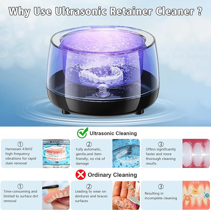 Ultrasonic Retainer Cleaner, 43kHz Ultrasonic Denture Cleaner Jewelry Cleaning Machine Eyeglass Cleaner for Watches Dentures Ring Razor Makeup Brush