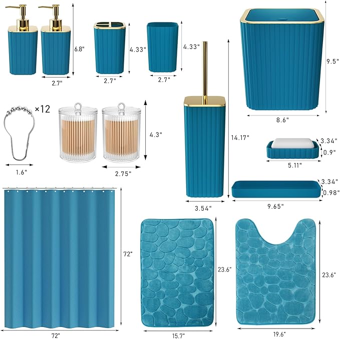 Bathroom Accessory Set - 25PC Teal Bathroom Set, Bathroom Set with Shower Curtain and Rugs, Bathroom Accessories Set, Shower Curtain Set, Trash Can & Soap Dispenser