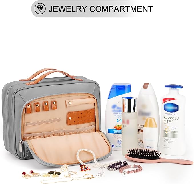 COOSKY Travel Hanging Toiletry Bag for Women, Holds Full-Size Shampoo, with Jewelry Organizer Compartment, Extra Large Makeup Bag, Waterproof Cosmetic Bag, Toiletries Kit Set with Trolley Belt, Grey