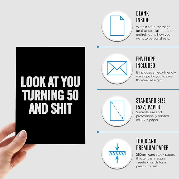 Funny 50th Birthday Card for men or women with envelope | Joke card for someone who is turning 50 years old | Original and unique present idea for family, friends or a co-worker.