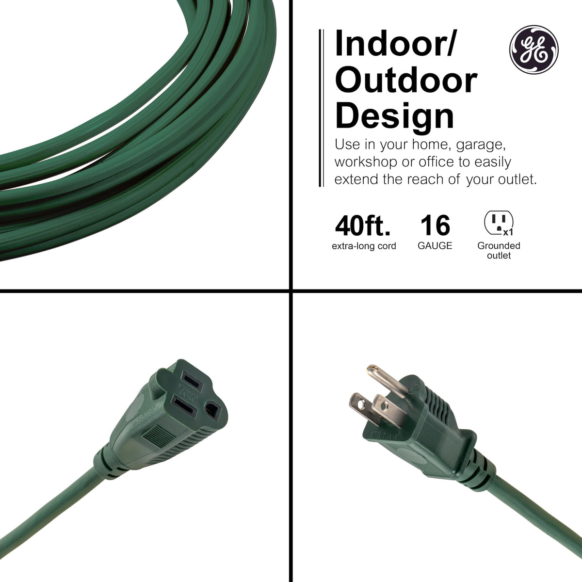 GE Outdoor Extension Cord, 40 Ft, Grounded Heavy Duty Extension Cord, 16AWG 3 Prong Outdoor, Extension Cord, ETL Listed, Green, 81601