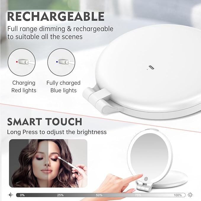FUNTOUCH 7'' Travel Makeup Mirror with Lights 10X Magnifying, 3 Color Portable Double Side Vanity Compact Mirror with Rechargeable for Travel Essential, Gifts for Lover