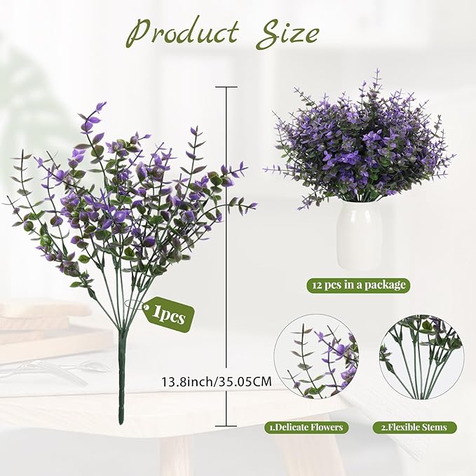 RECUTMS Fake Shrubs Flowers, 12 Bundles Faux Outdoor Plants UV Resistant Artificial Greenery Eucalyptus Flowers Boxwood Springs Fake Plants Indoor Outside Hanging Planter Home Garden Decor (Purple)