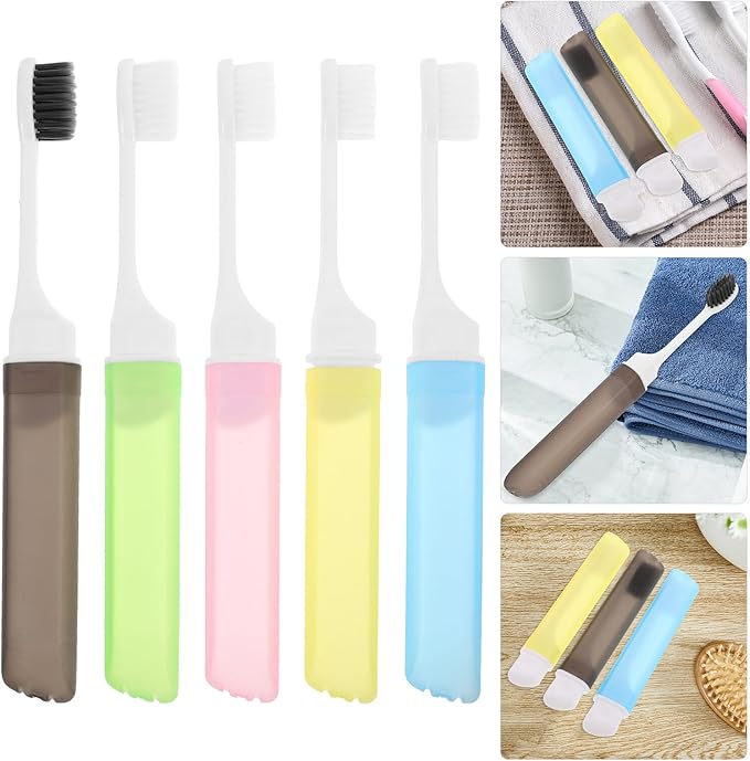ERINGOGO Foldable Travel Toothbrush Set 5pcs, Portable Manual Toothbrushes with Soft Bristles, Compact Folding Design for Business Trips, Home, and Hotel Use