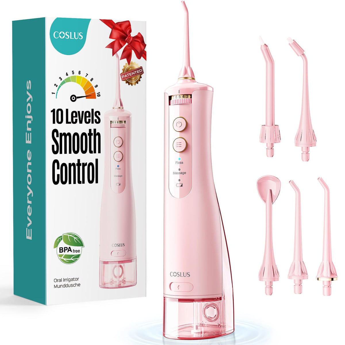 COSLUS ADA Accepted E40 Portable Water Flosser for Teeth: 10 Pressure Settings Professional Water Dental Pick for Orthodontic, Braces & Sensitive Gums - Cordless for Travel Use, for Teens, BPA-Free