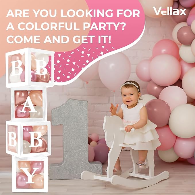 Baby Shower Boxes with Letters – White Boxes with Rose Gold, Dusty Pink, Sand & White Balloons – 44-Piece Gender Reveal & Party Decoration Set by Vellax