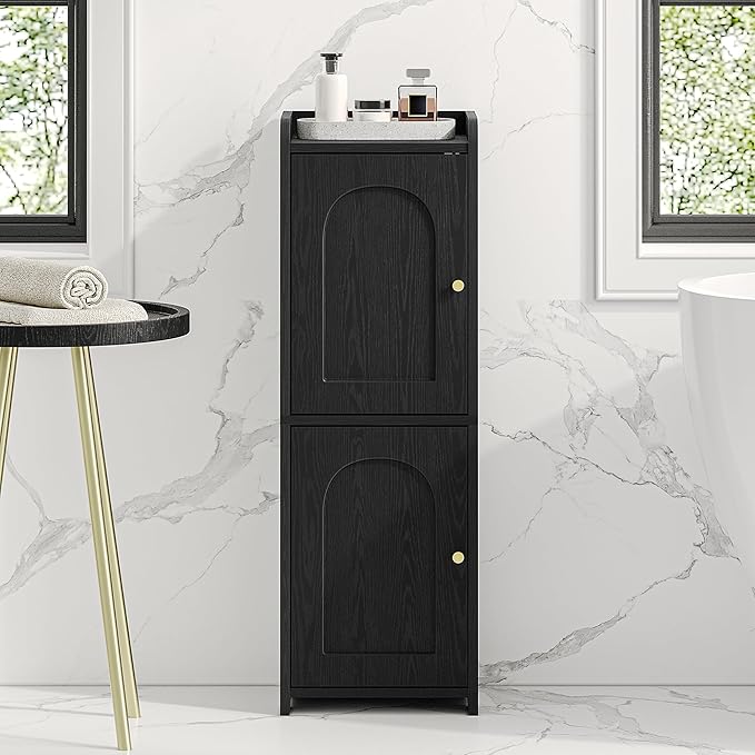 Bathroom Storage Cabinet, Corner Floor Cabinet with 2 Doors and Adjustable Shelf, Narrow Toilet Paper Cabinets, Bathroom Organizer for Small Spaces, 7.9" D x 9.8" W x 29.5" H Black