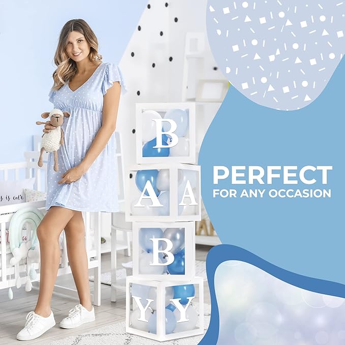 Baby Shower Boxes with Letters – White Boxes with Blue, Silver & White Balloons – 44-Piece Gender Reveal & Party Decoration Set by Vellax