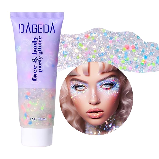 DAGEDA Rainbow Body Glitter Gel, Face Glitter for Pride Day Makeup Sequins Shimmer Eyeshadow, Chunky Glitter for Face Hair, Holographic Cosmetic Laser Powder Festival Glitter Makeup1.7oz (Candy Color)