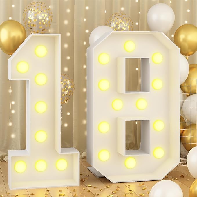 4ft Light Up Numbers 18 Large Numbers with Lights Bulbs White Marquee Frame for 18th Party Boys Girls Birthday Decorations Pre-Cut Mosaic Cardboard Giant Cut-Out Thick Foam Board Sign Anniversary