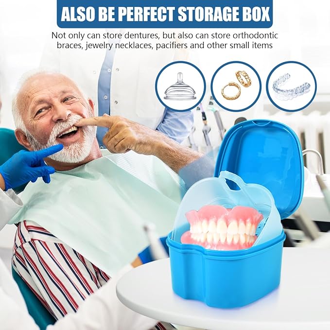 White Denture Bath Case Cup Box Holder Storage Container with Denture Cleaner Brush Strainer Basket for Travel Cleaning