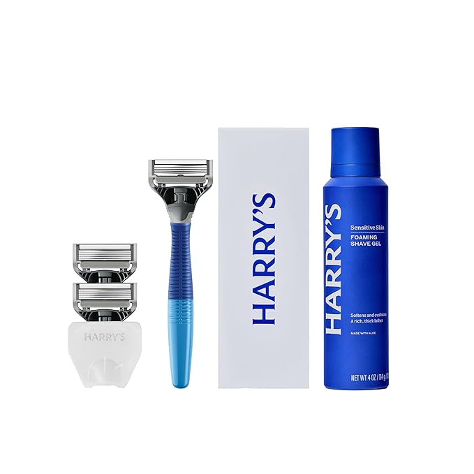 Harry's Original Shaving Kit for Men - Razor Handle, 3 Razor Blade Refills, Foaming Shave Gel, and Travel Blade Cover - German Engineered - Ocean Blue