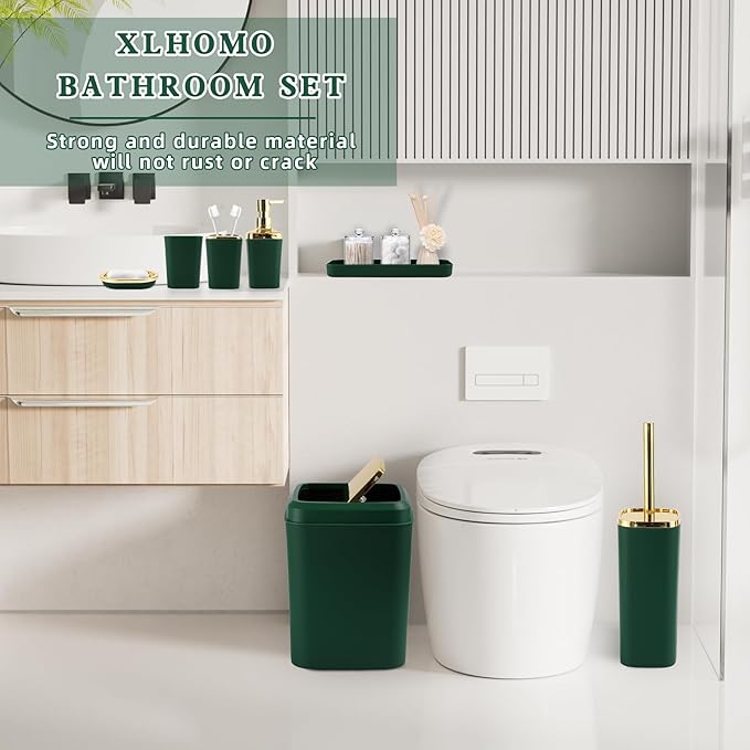Dark Green Bathroom Accessories, 24 Pieces Green and Gold Bathroom Accessories Set with Shower Curtain, Bath Towels, Trash Can, Soap Dispenser and Soap Dish for Bathroom/Housewarming