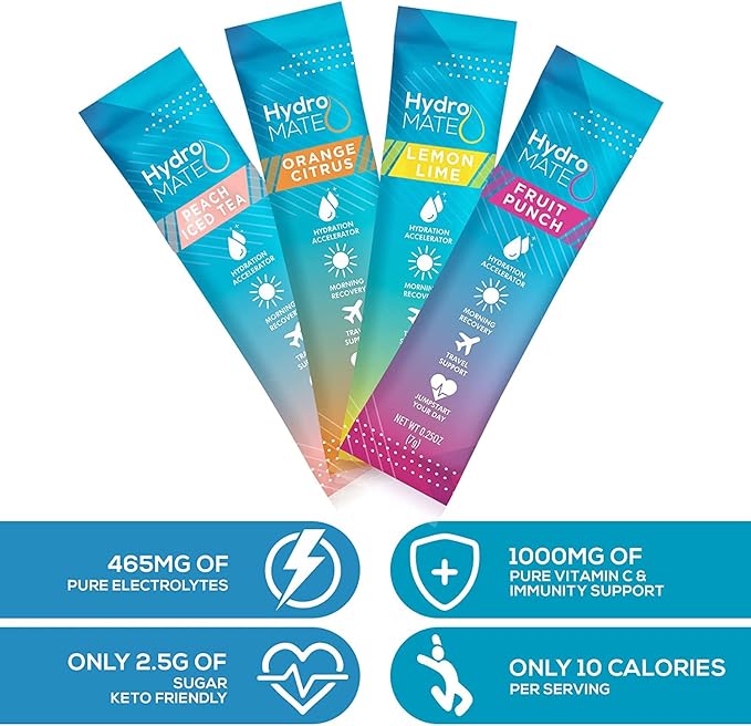 HydroMATE Electrolyte Powder Variety Pack Bulk Hydration Packets Low Sugar 90 Count