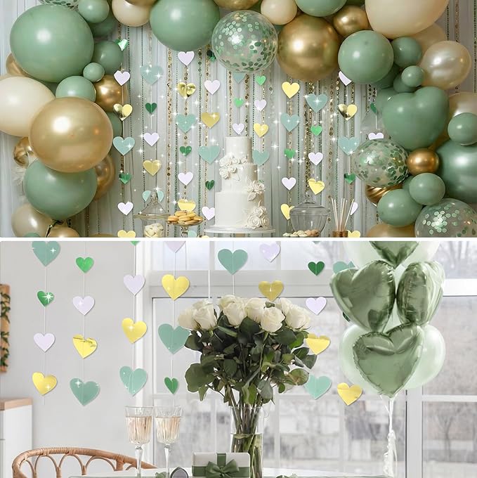 10 Pack 130ft Sage-Green Mint Beige-Gold Heart Party Garland Asymmetrical Love Hanging Banners for Wedding Birthday Bachelorette Bridal Shower Engagement Decoration