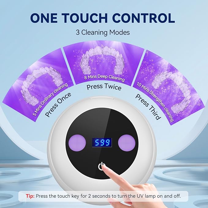 Ultrasonic Retainer Cleaner - 45±3kHz, 3 Modes with Digital Timer, 6 UVC+UVA Lamp,Denture Cleaner Machine, Mouth Guard, IPX6,200ML SUS304 Tank for Aligner, Night Guard Toothbrush (White)