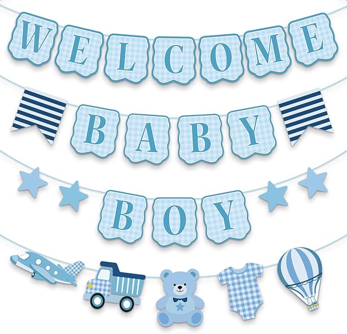 Baby Boy Baby Shower Banner, 4 PCS Pre-strung Blue Gingham Welcome Baby and Body Cloth Banner for Baby Boy Shower Party Decoration (welcome baby boy)