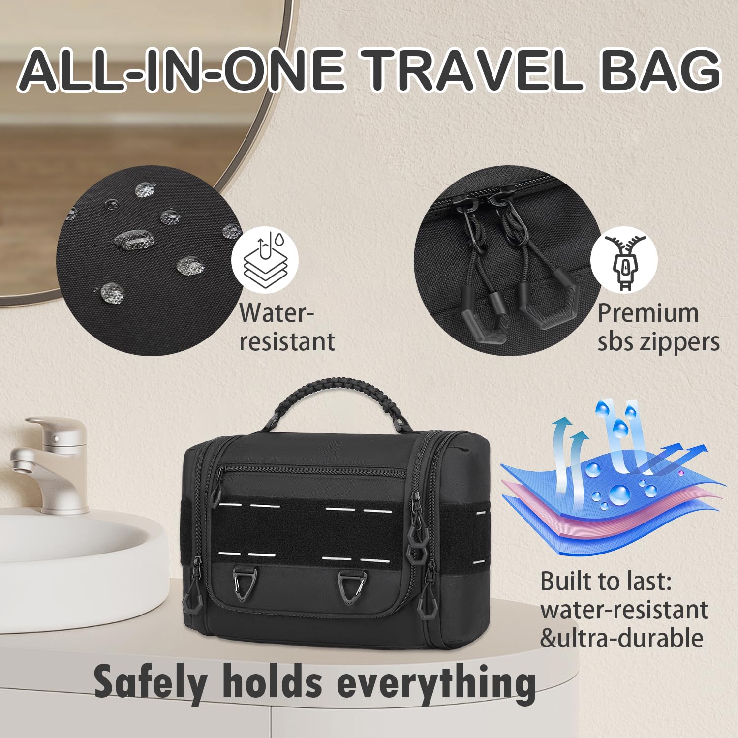 BISKLNDN Tactical Toiletry Bag for Men, Hanging Dropp Kit Mens Toiletry Travel Bag for Toiletries, Traveling & Shaving Kit, Hygiene Bag Shower Bathroom Organizer with Handle & Swivel Hook, Black