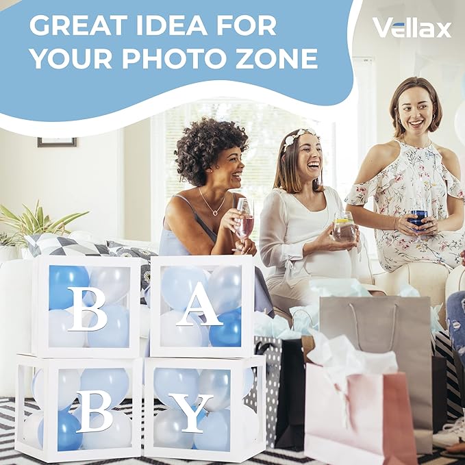 Baby Shower Boxes with Letters – White Boxes with Blue, Silver & White Balloons – 44-Piece Gender Reveal & Party Decoration Set by Vellax