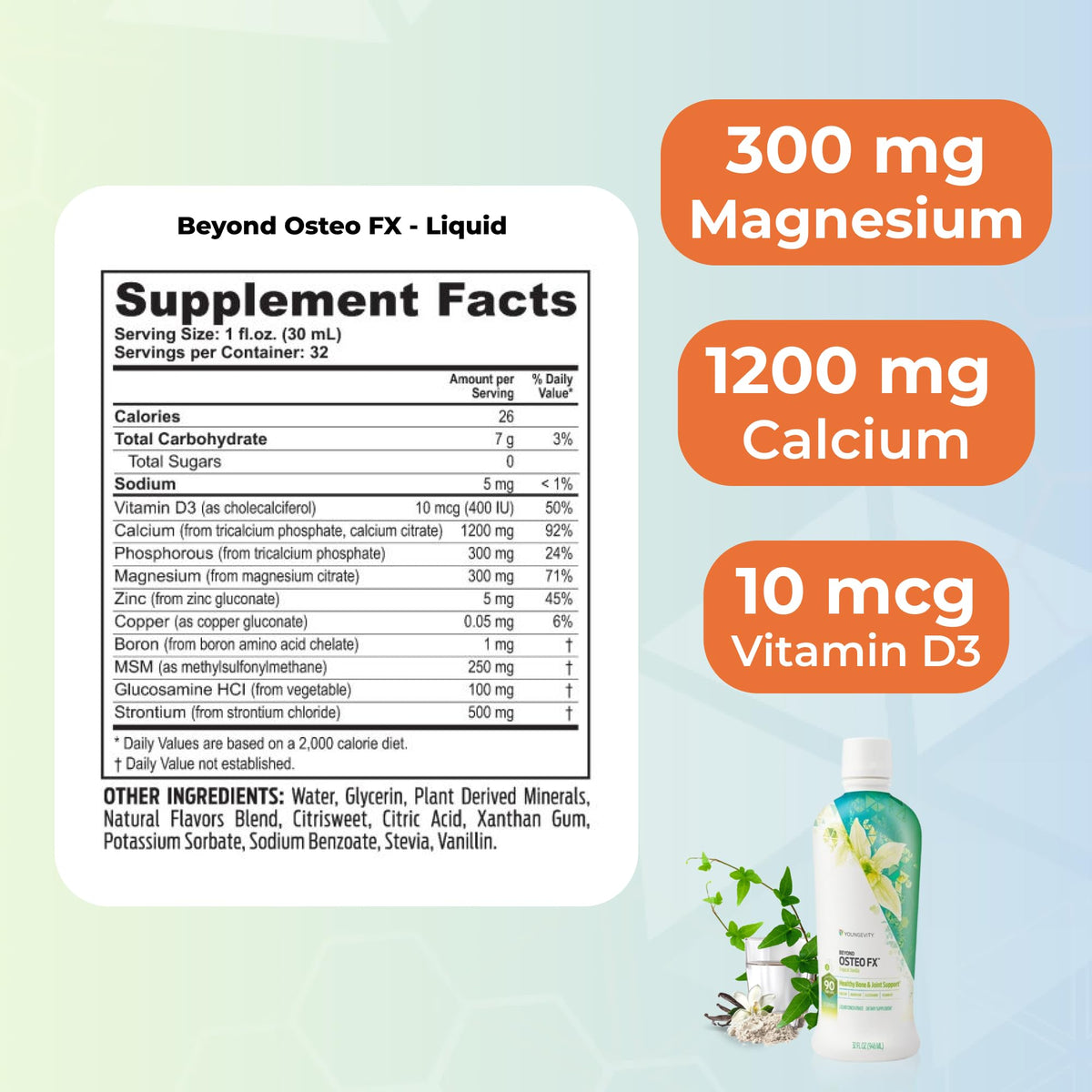 Youngevity Beyond Osteo-FX Liquid 32 oz - Calcium & Magnesium 1200/300mg + Vitamin D3, Zinc, MSM, Glucosamine + 77 Trace Minerals - Supplement for Bone Health (32 fl oz - Pack of 4)