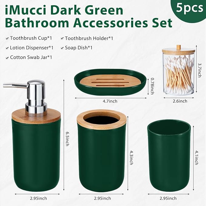 iMucci Bathroom Accessories Set 5Piece Hunter Green Bathroom Sets, Toothbrush Holder, Toothbrush Cup, Lotion Soap Dispenser, Soap Dish and Qtip Holder Bathroom Decor