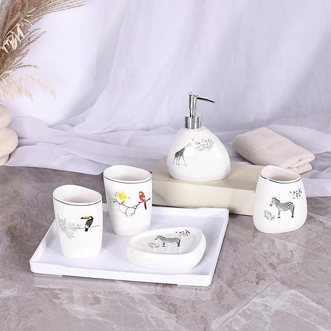White Bathroom Accessories Set,Modern Countertop Bathroom Decor,Luxury 6 Piece Bathroom Accessory Set,Complete with Soap Dispenser,Toothbrush Holder,Tumbler,Tray
