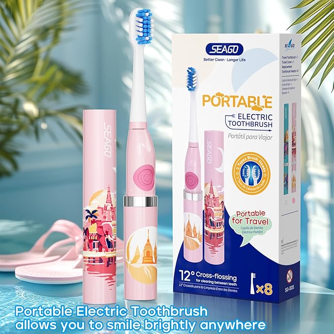SEAGO SG-505 Travel Electric Toothbrush, Portable Toothbrush, 24,000 VPM, IPX7 Waterproof, 8 Brush Heads (Soft & Tilted Bristles), Battery Powered for Adults, On The Go (Thai Design, Made in Thailand)