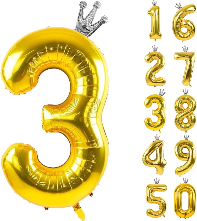 Gold Number 3 Balloon with Crown, 40 inch Gold Number Balloon 3rd Birthday Party Decoration Gold Crown Balloons 0-9 for Birthday Party Anniversary Decorations Supplies