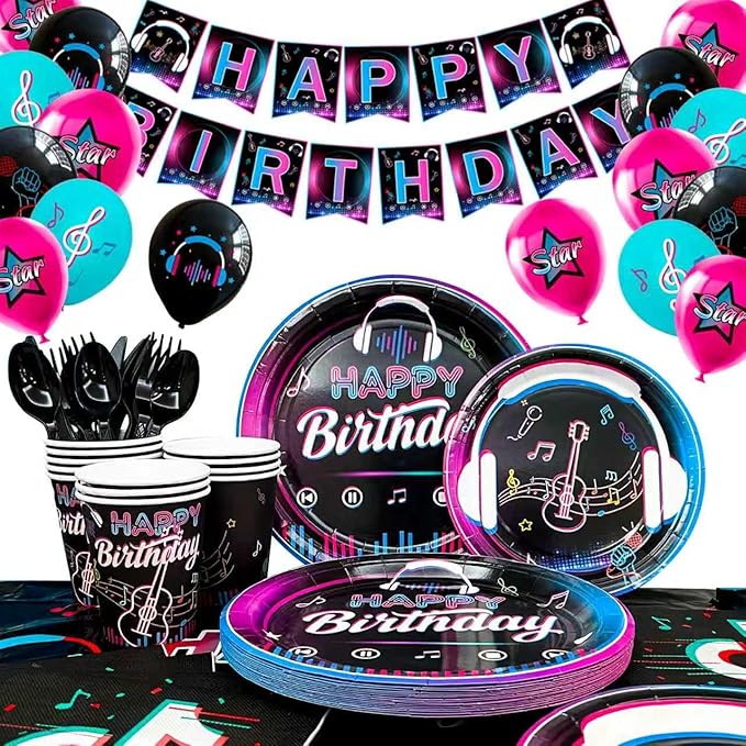 Music Party Decorations, 16 Guests Music Birthday Party Tableware Set, Music Balloons Banner Tablecloth Plates Cups Napkin etc Music Theme Party Decor Supplies
