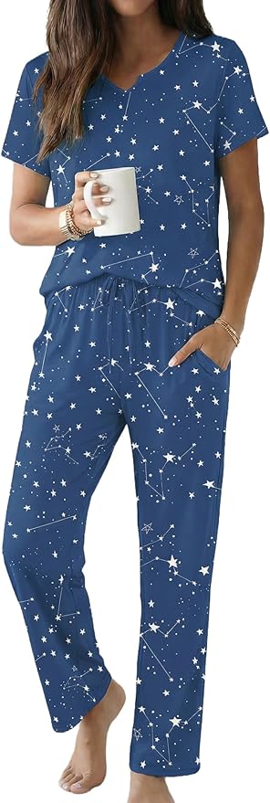 Ekouaer 2 Piece Womens Pajamas V Neck Short Sleeve Top and Long Pants Pjs Print Lounge Set Sleepwear