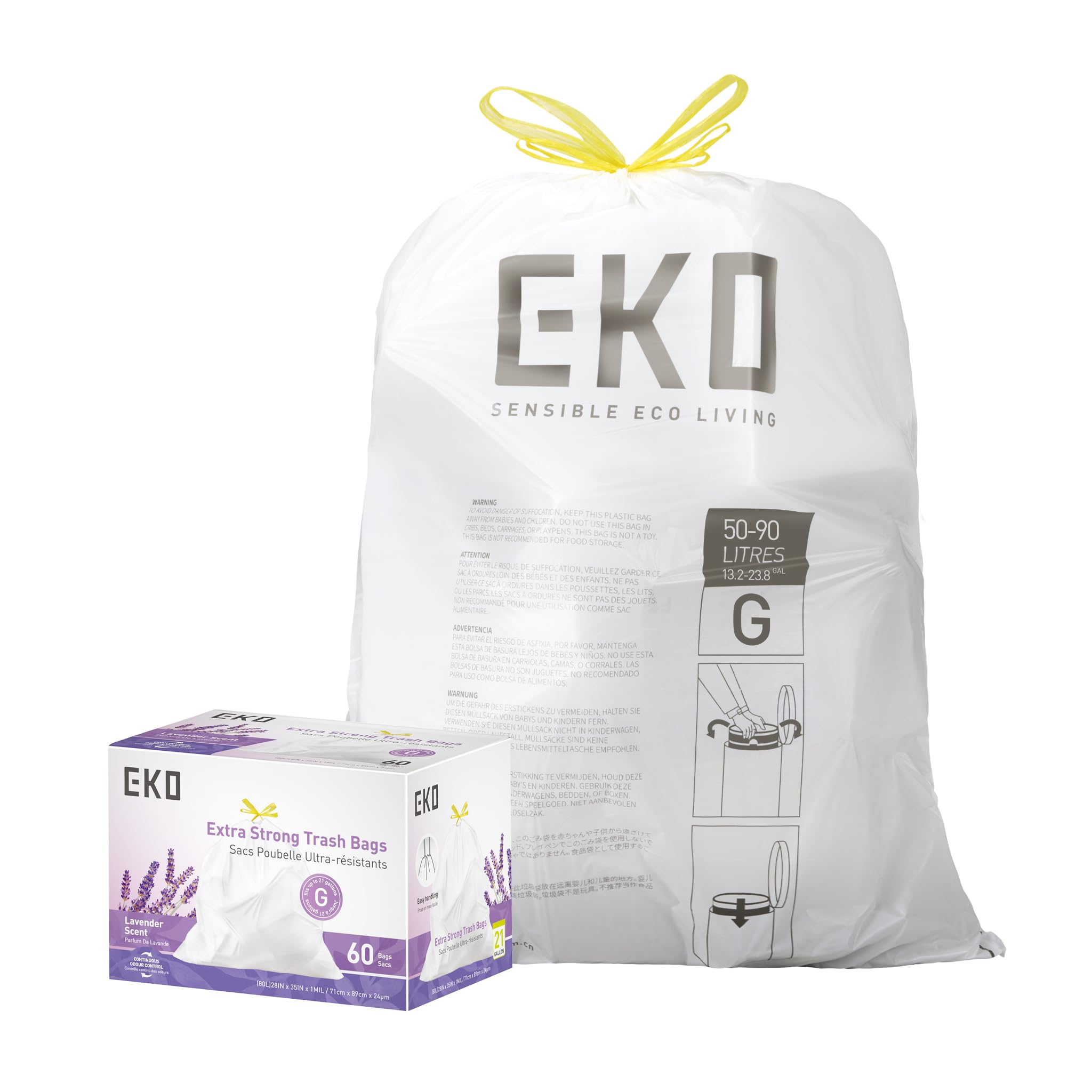 EKO 21 Gallon / 50-90 Liter, 60 Count Drawstring Trash Bags, Extra-Strong Garbage Bags, Lavender Scent with Continuous Odor Control, Easy-Dispense Roll for Kitchen and Household Use, Code G, White