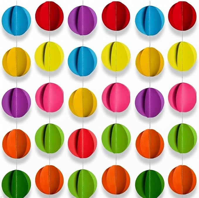 3D Circle Paper Garland 54 Ft | 6 Pc Wall Hanging Colorful Rainbow Streamers | Birthday Party Baby Shower Wedding Christmas New Year Decor | Festival & Holiday Backdrop Decoration | Multicolor