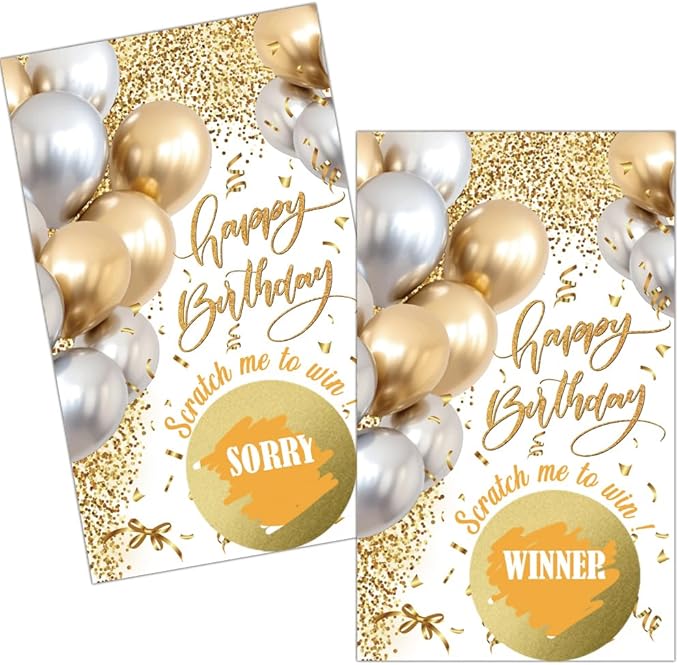 Haizct 50 Pack White Gold Birthday Party Scratch Off, Gold White Glitter Balloons Scratch Card for Birthday Partys Lottery Group Game Party Raffle Tickets, Bridal Shower Bachelor Game