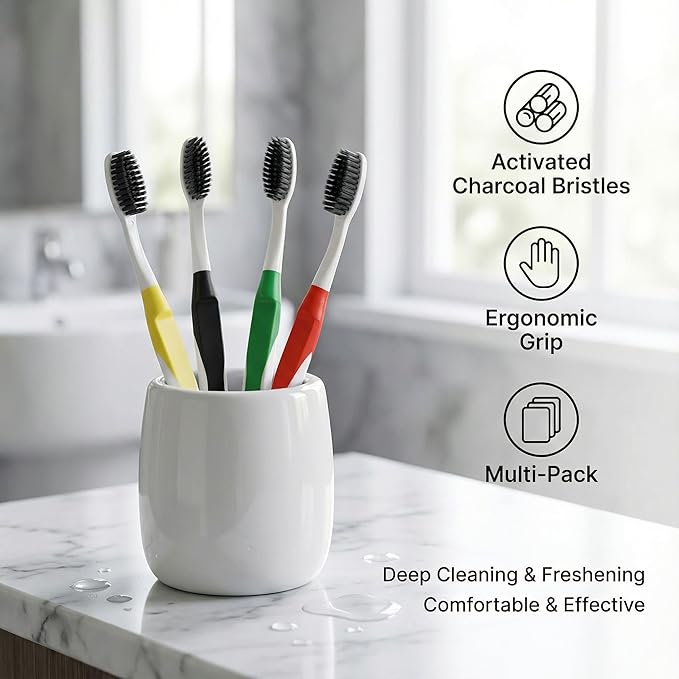 Dolphin Charcoal Toothbrush Extra Soft Bristle Manual Soft Long Flossing, Ultra Clean Toothbrush, Good for Sensitive Teeth and Gums (Yellow, Charcoal 4 Packs)