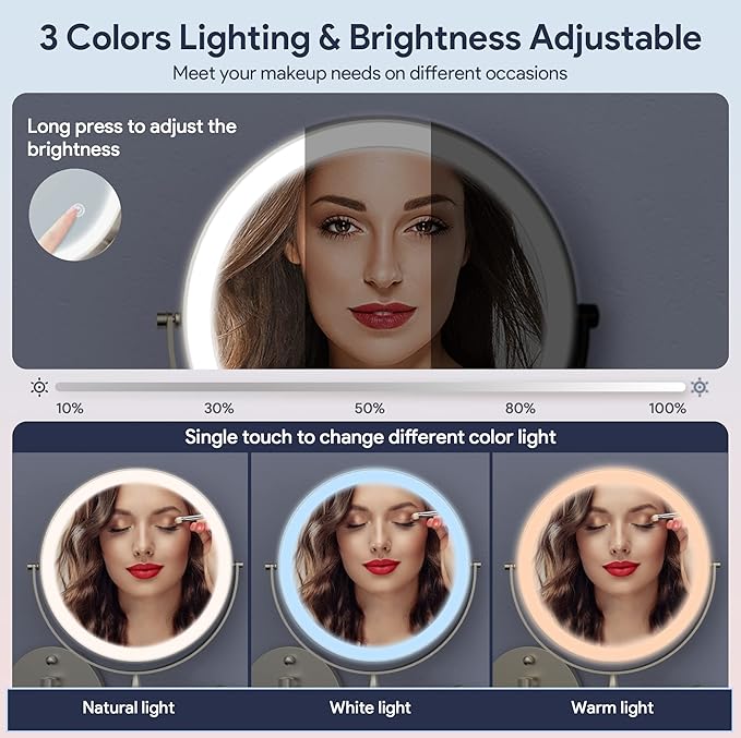 Rocollos 9" Wall Mounted Lighted Makeup Mirror, Large Double Sided 1X/10X Magnifying Mirror, 3 Color LED Vanity Mirror, Touch Dimmable 360° Swivel Light Up for Bathroom
