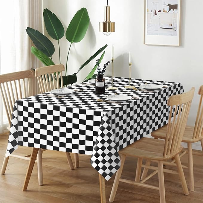 QIKSION Checkered Tablecloth Disposable 3 Pack, 54 x 108 Inch Black and White Checkered Flag Table Cloth for Race Car Decorations, Birthday Party Supplies, Rectangle, Plastic Table Cover
