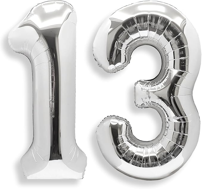 AULE 40 Inch Jumbo Silver Foil Mylar Number Balloons for Boy Girl 13th Birthday Party Decorations 13 Years Old Anniversary Party Supplies