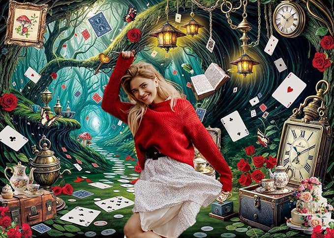 Wonderland Tea Party Backdrop Green Leaves Checkerboard Photography Background Wonderland Girls Kids Birthday Party Party Decoration Banner Supplies (82x59inch(7x5FT))