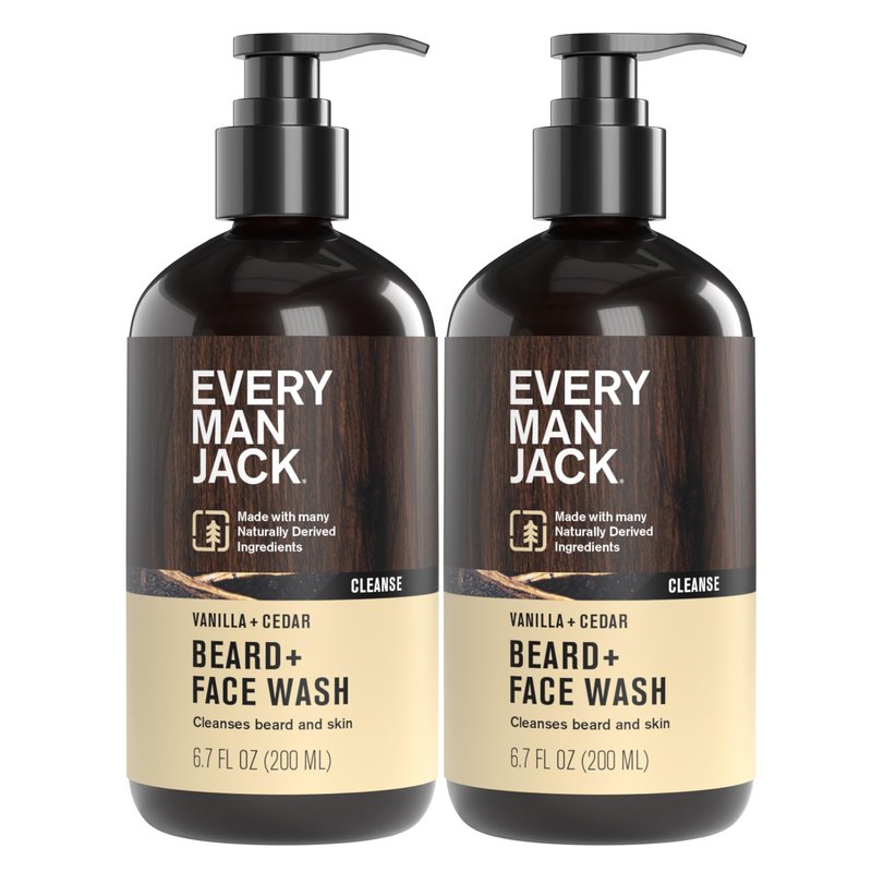 Every Man Jack Beard + Face Wash - Vanilla + Cedar Scent - Gently cleanse skin and soften beard - Made with Glycerin and Aloe - 6.7 fl. oz (2 Pack)