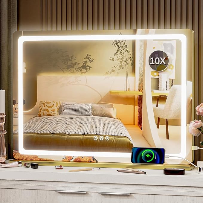 Vanity Mirror with Lights, 28" x 22" LED Makeup Mirror, Lighted Makeup Mirror with 10X Magnification,Dimmable 3 Modes, Touch Screen Control Vanity Mirror Round Gold