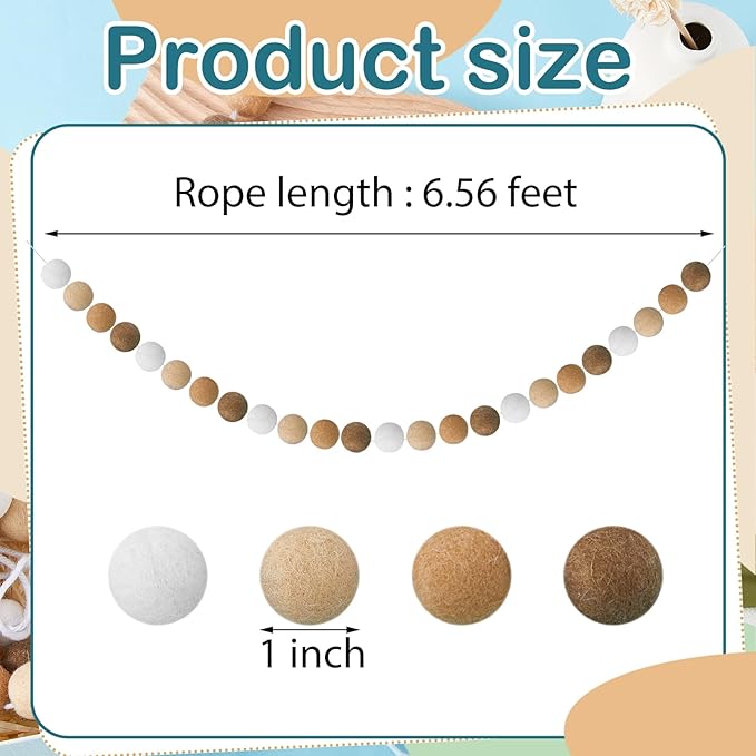Boao 2 Pieces Wool Felt Ball Garland Colorful Pom Pom Garland Handmade 6.5 Feet Long 24 Balls Felt Banner for Wall Christmas Tree Decoration (Brown,Khaki,Ivory)