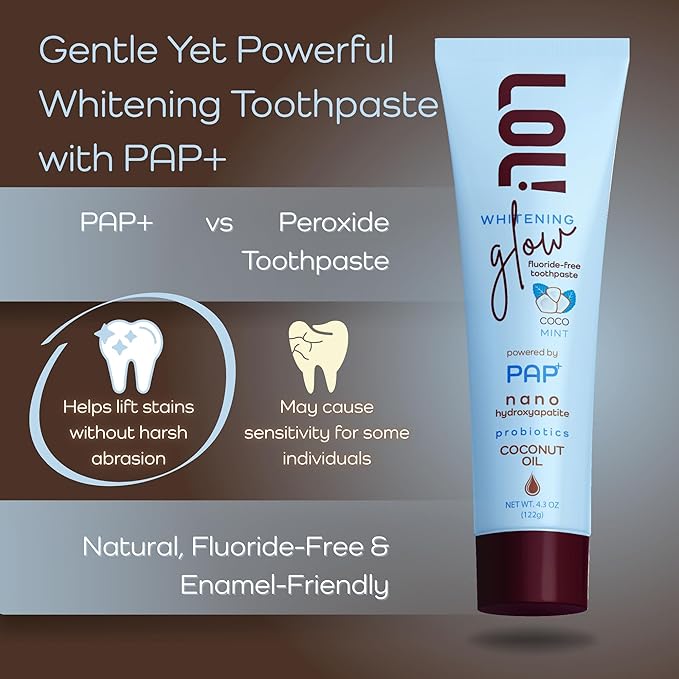LOL Whitening Glow Coco-Mint Toothpaste Whitening with Pap+ Technology, Nano Hydroxyapatite Toothpaste, Coconut Oil, Probiotics & Xylitol, Fluoride Free, 4.3 oz