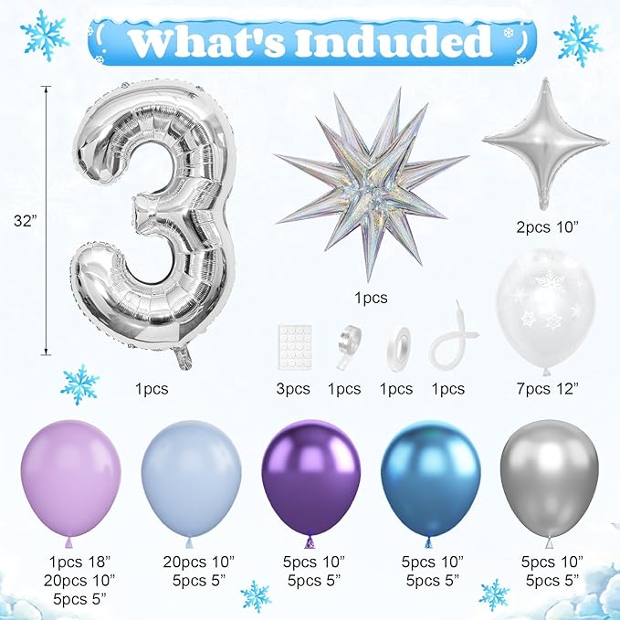 Snow 3rd Birthday Decorations Girl, Snowflake Balloon Garland Arch Kit, Laser Explosion Star Balloons, Silver Number 3 Balloon Tower for Baby Shower Girls 3rd Snow Theme Party Supplies