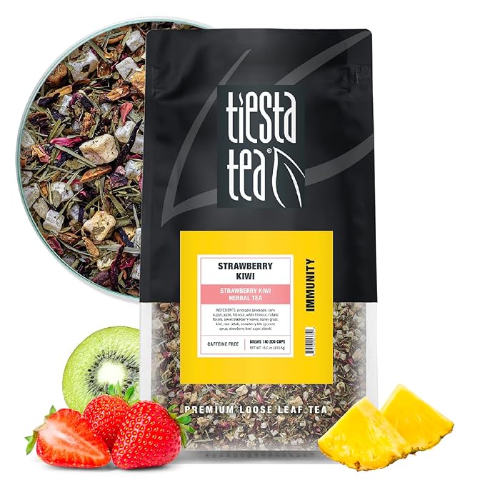 Tiesta Tea - Strawberry Kiwi Herbal Tea, Loose Leaf, Strawberry Hibiscus Kiwi Fruit Tea, Premium Caffeine-Free Herbal Blend, Make Hot or Iced & Up to 200 Cups, 16 oz Resealable Bulk Pouch