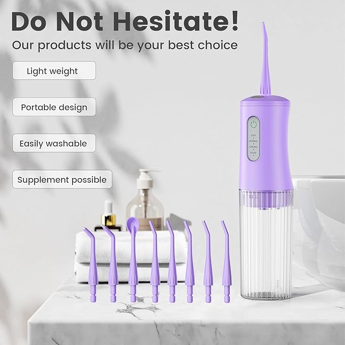 Cordless Water Flosser for Teeth Cleaning Pick - Electric Dental Irrigator with 4 Cleaning Modes & 8 Jet Tips, IPX7 Waterproof, Portable Rechargeable Design for Home & Travel Use,Purple
