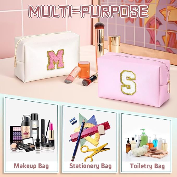 TOPEAST Mothers Day Gifts - Initial Makeup Bag, Birthday Gifts for 4 5 6 7 8 9 10 11 12 Year Old Teen Girls, Teacher Gift Graduation Gift, Personalized Preppy Cosmetic Bags Toiletry Bag (Pink A)