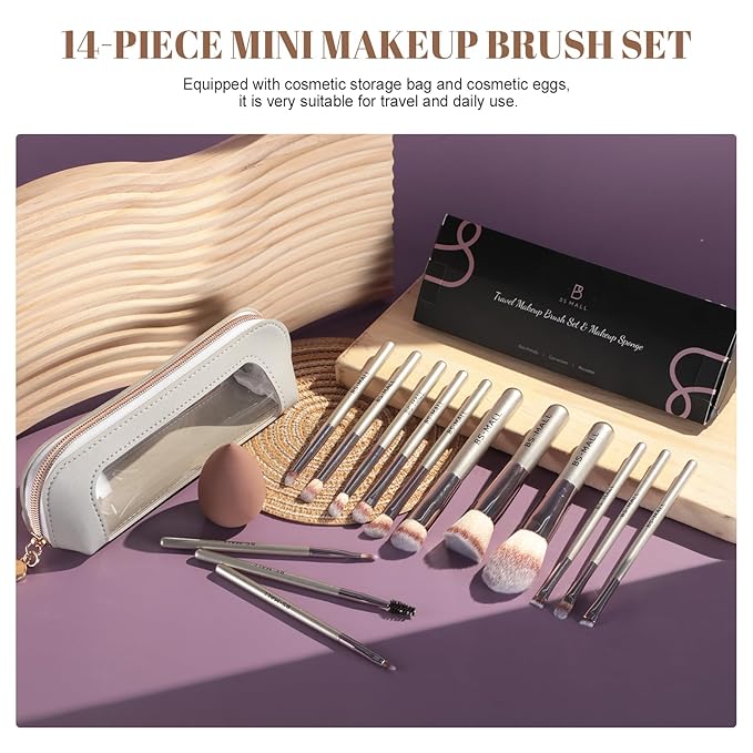 Travel Makeup Brush Set BS-MALL 14 Pcs with 1 Pcs Makeup Sponge – Essential Foundation Powder Concealers, Eye Shadows, Blush Makeup Brushes with Travel Makeup Case (Champagne)