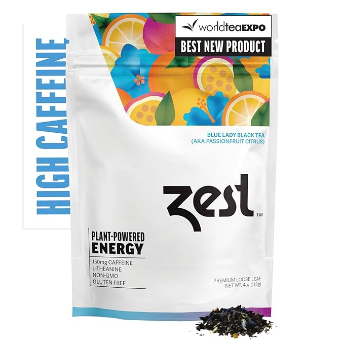 Zest 150mg High Caffeine Energy Loose Leaf Blend - Blue Lady Black Tea - 4 Oz - Hot or Iced - All Natural Strong Flavored Healthy Coffee Alternative Highly Caffeinated Substitute - Perfect for Keto