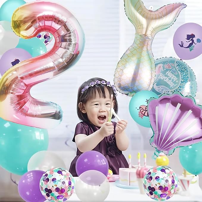 Mermaid Birthday Decorations Mermaid Balloons - Number 2 Balloons for Girls Under The Sea Mermaid Theme Baby Shower Birthday Favors