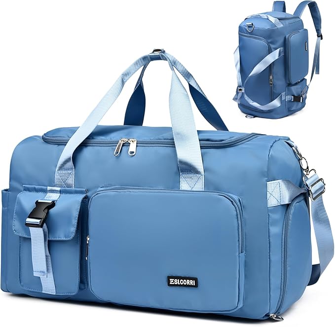 Eslcorri Gym Duffle Bag for Women Men, Sports Backpack with Wet & Shoe Compartment, Fitness Overnight Weekender Bag for Yoga, Swim, Travel (Style B, Blue)